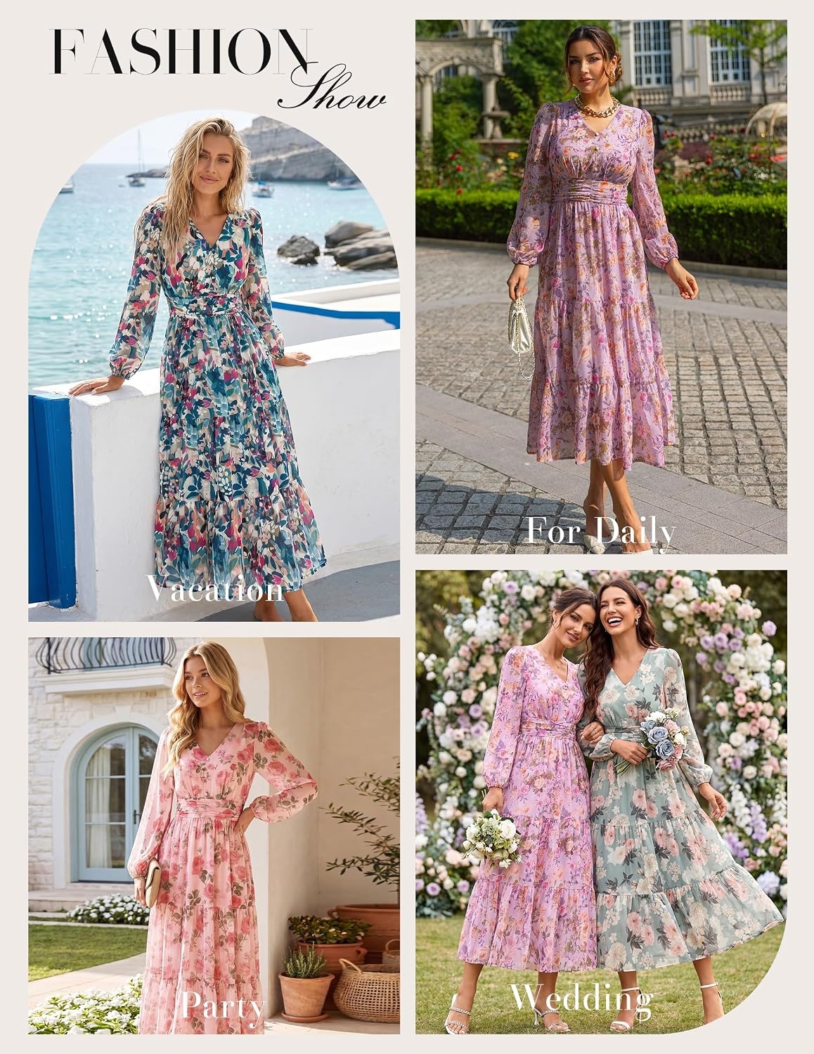 image:imageGRACE KARIN Women Floral Maxi Dress Fall Long Sleeve Wedding Guest DressesWhite With Light Blue Flowers