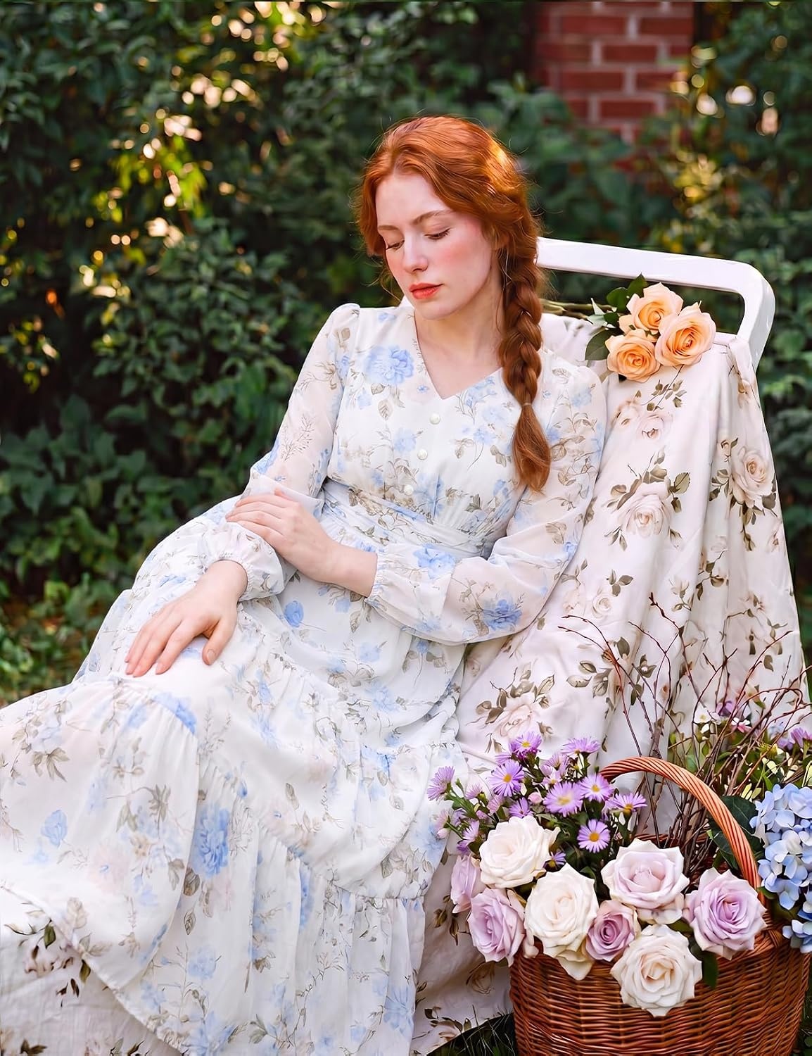 image:imageGRACE KARIN Women Floral Maxi Dress Fall Long Sleeve Wedding Guest DressesWhite With Light Blue Flowers