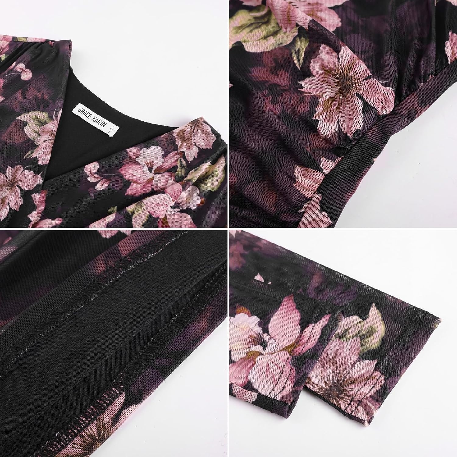 image:imageGRACE KARIN Womens Boho Mesh Tops Long Sleeve Blouses Dressy CasualBlack Pink