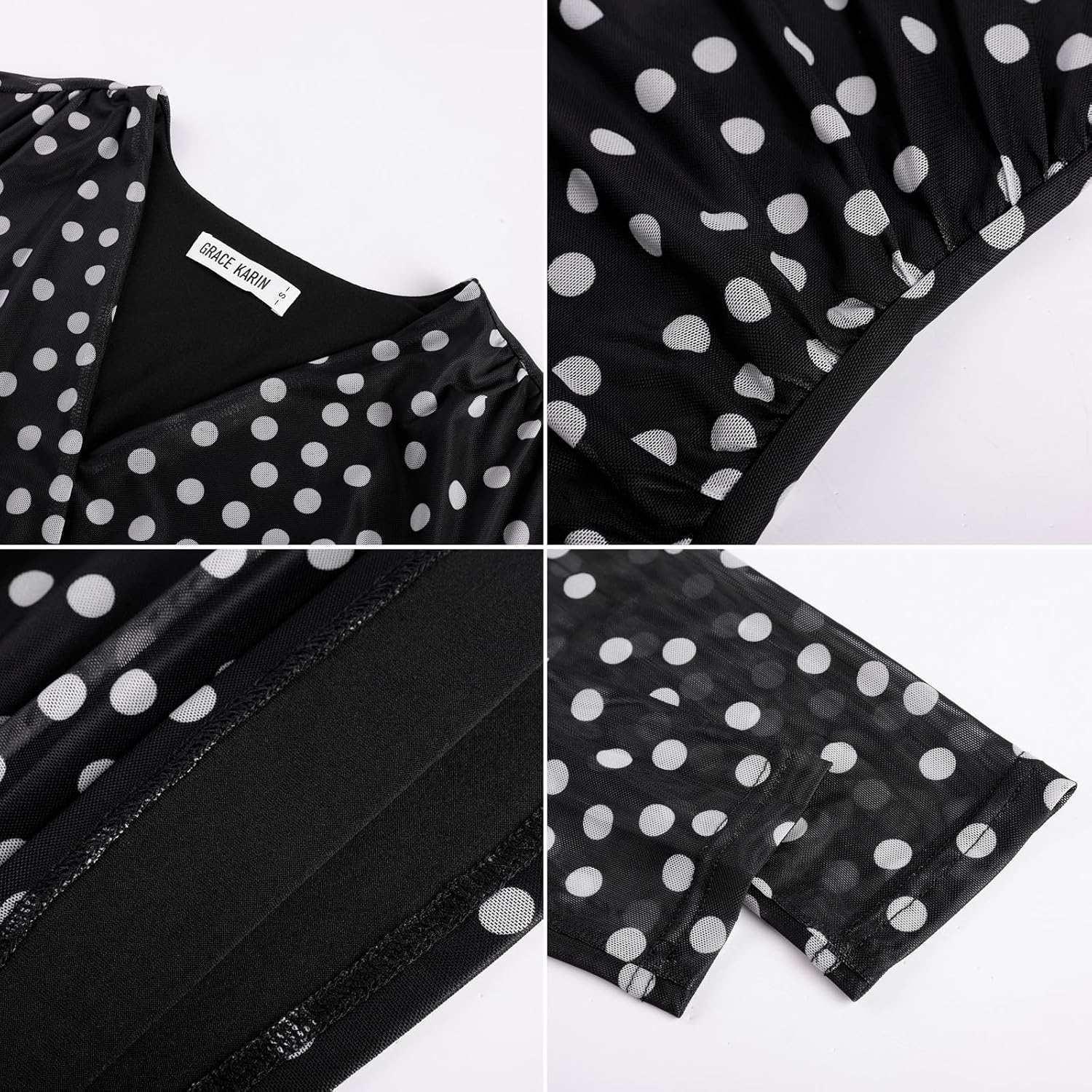 image:imageGRACE KARIN Womens Boho Mesh Tops Long Sleeve Blouses Dressy CasualBlack Polka Dot