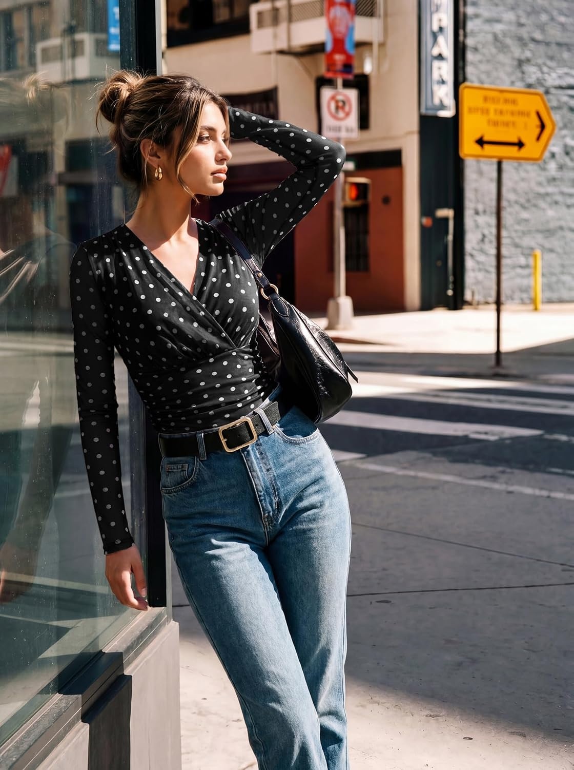 image:imageGRACE KARIN Womens Boho Mesh Tops Long Sleeve Blouses Dressy CasualBlack Polka Dot