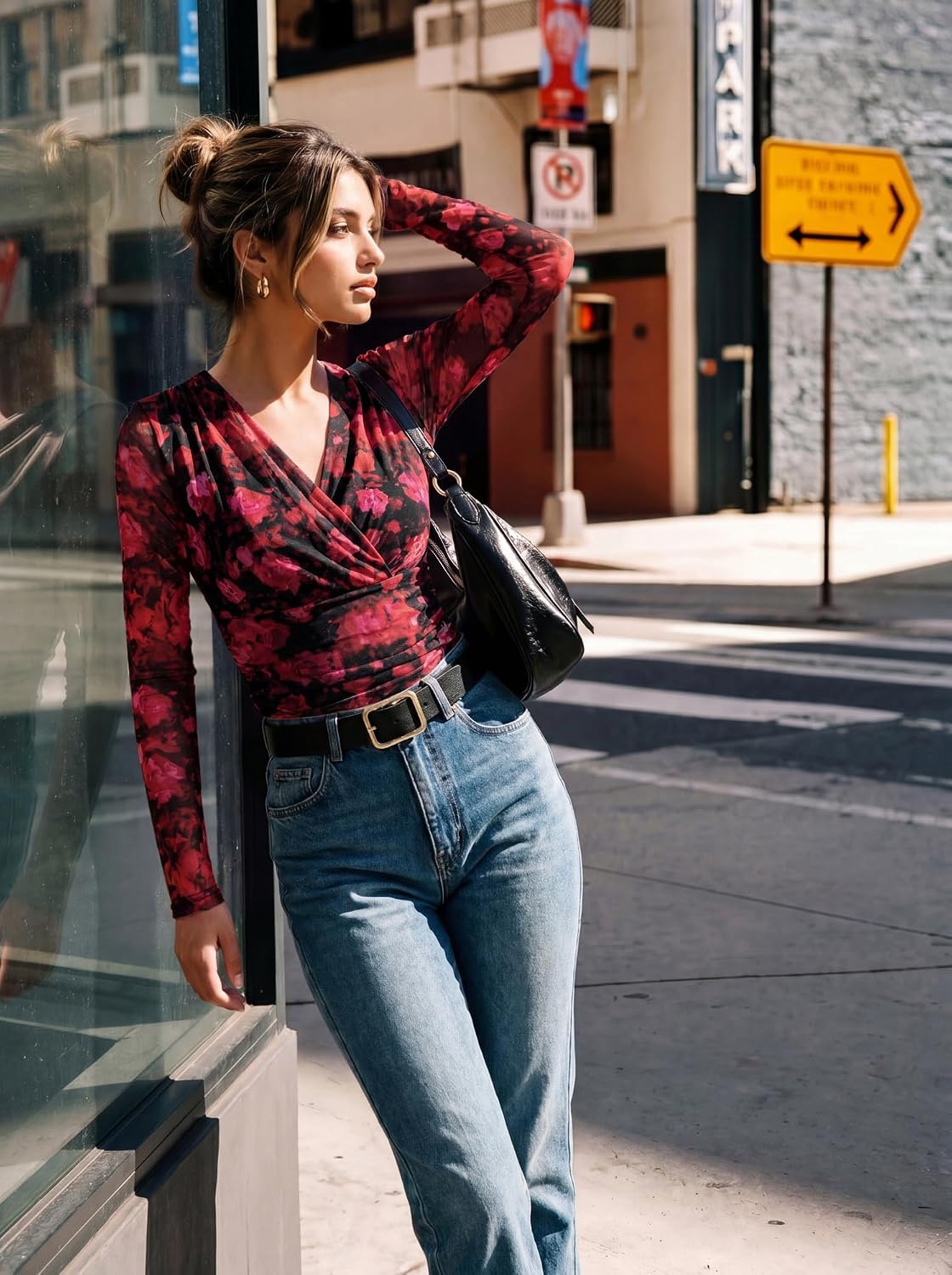 image:imageGRACE KARIN Womens Boho Mesh Tops Long Sleeve Blouses Dressy CasualBlack Red