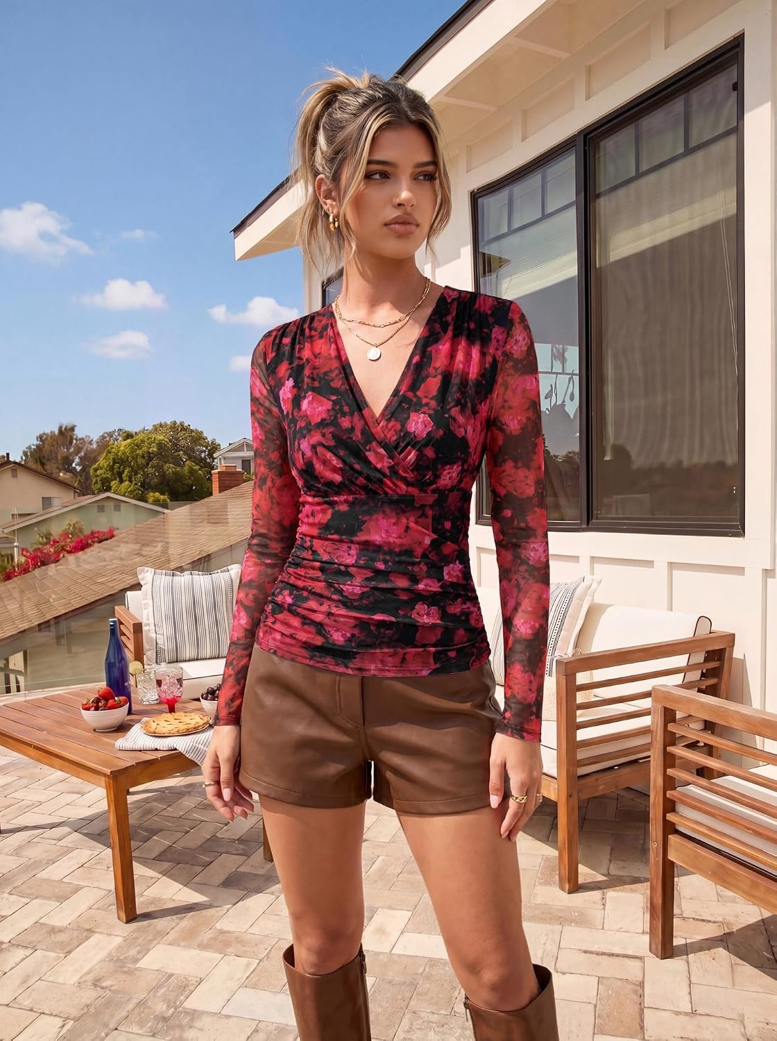 image:imageGRACE KARIN Womens Boho Mesh Tops Long Sleeve Blouses Dressy CasualBlack Red