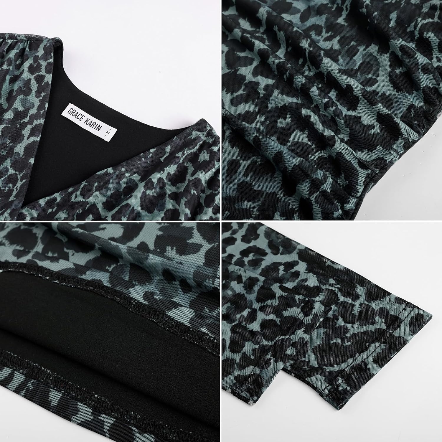 image:imageGRACE KARIN Womens Boho Mesh Tops Long Sleeve Blouses Dressy CasualBlue Green Leopard