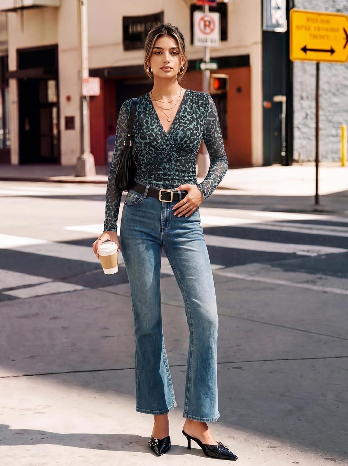 image:imageGRACE KARIN Womens Boho Mesh Tops Long Sleeve Blouses Dressy CasualBlue Green Leopard