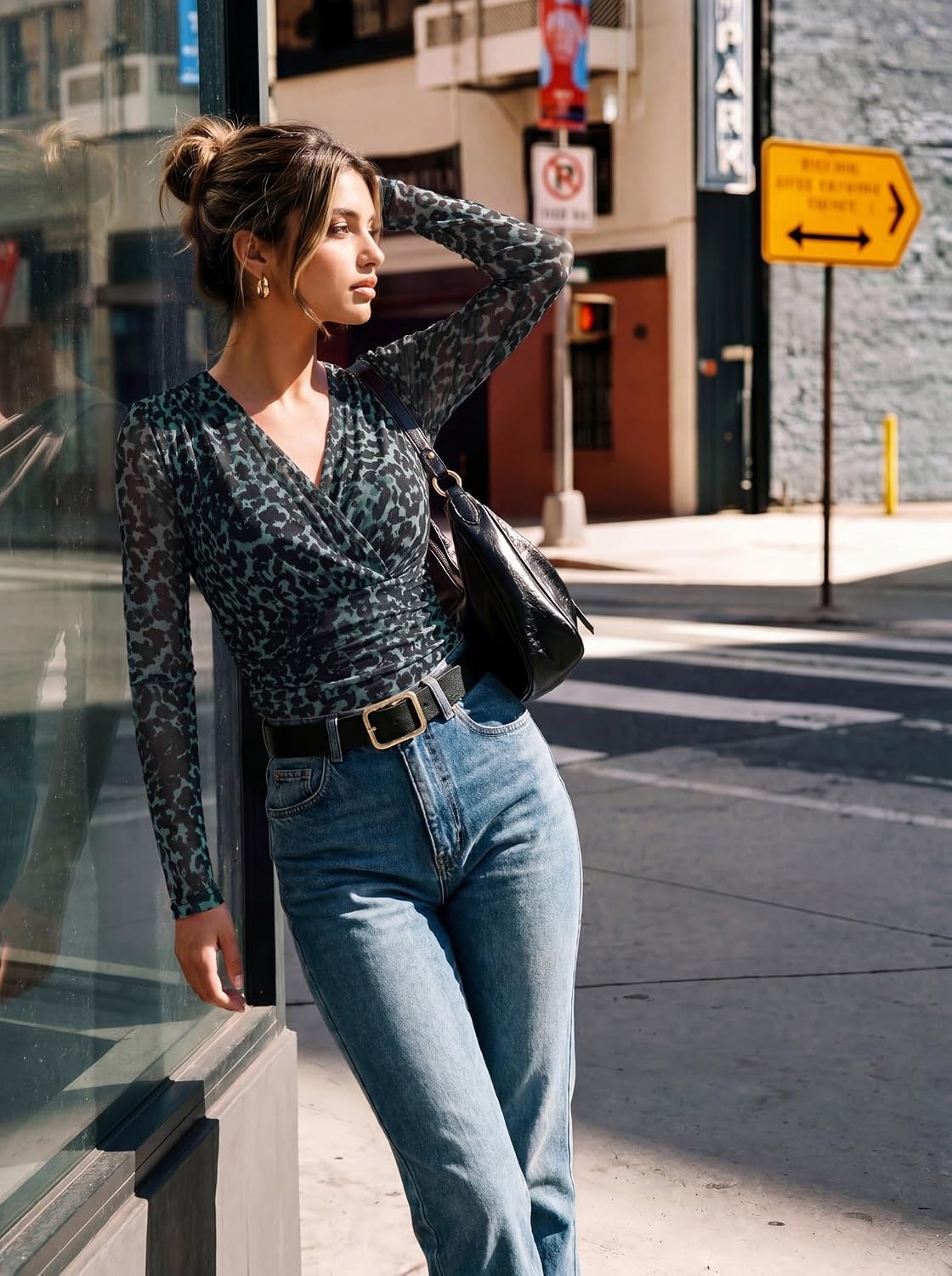image:imageGRACE KARIN Womens Boho Mesh Tops Long Sleeve Blouses Dressy CasualBlue Green Leopard
