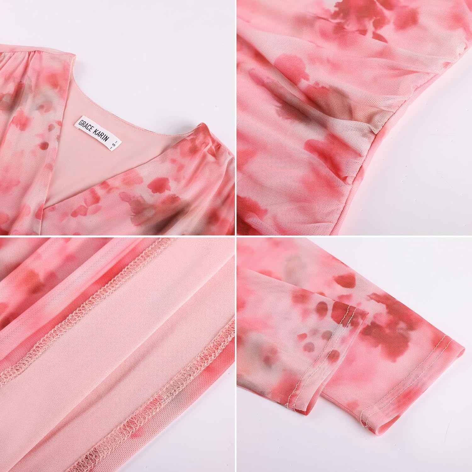 image:imageGRACE KARIN Womens Boho Mesh Tops Long Sleeve Blouses Dressy CasualMulti Pink