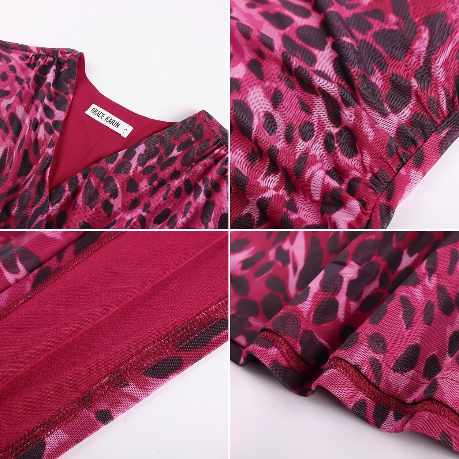 image:imageGRACE KARIN Womens Boho Mesh Tops Long Sleeve Blouses Dressy CasualRose Leopard