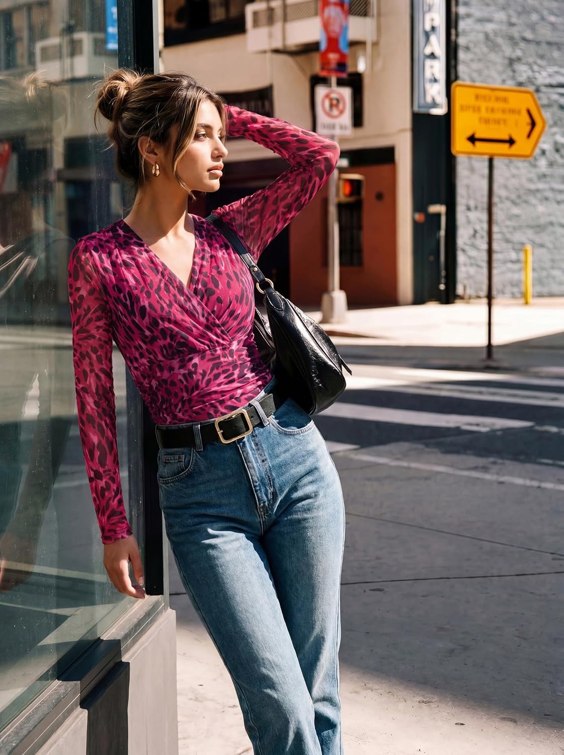 image:imageGRACE KARIN Womens Boho Mesh Tops Long Sleeve Blouses Dressy CasualRose Leopard