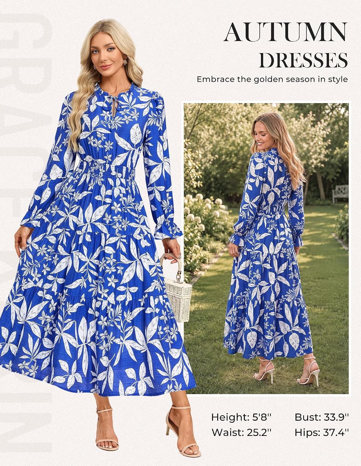 image:imageGRACE KARIN Womens Fall Midi Long Sleeve Floral Causal DressBlue Floral