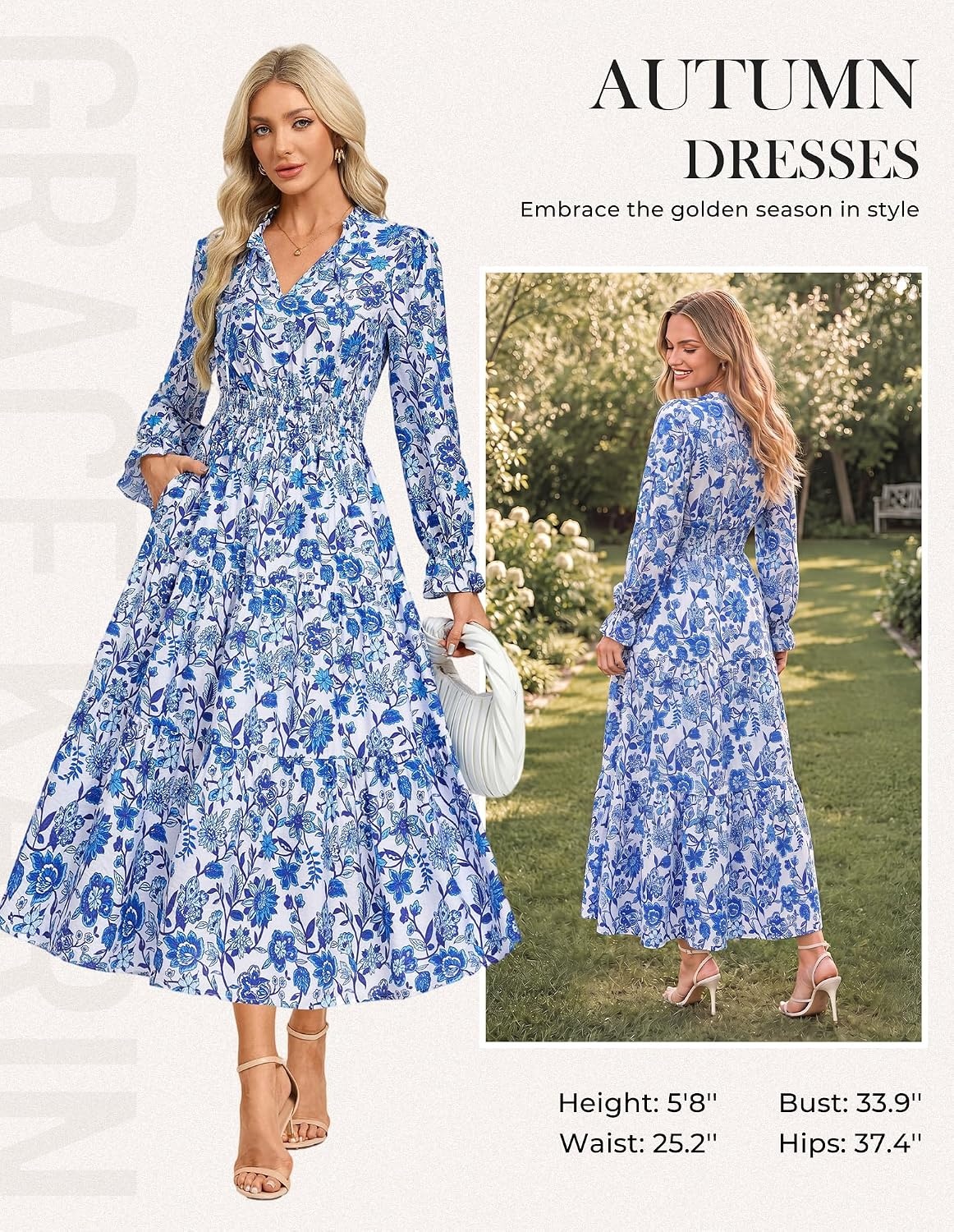 image:imageGRACE KARIN Womens Fall Midi Long Sleeve Floral Causal DressLight Blue Floral