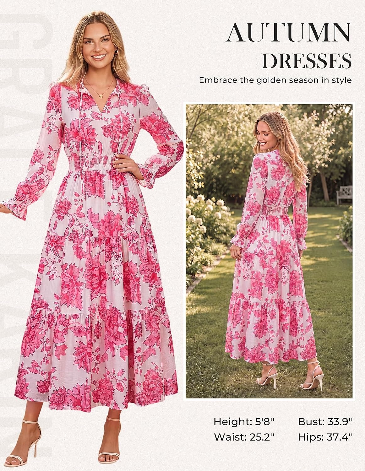 image:imageGRACE KARIN Womens Fall Midi Long Sleeve Floral Causal DressPink Floral