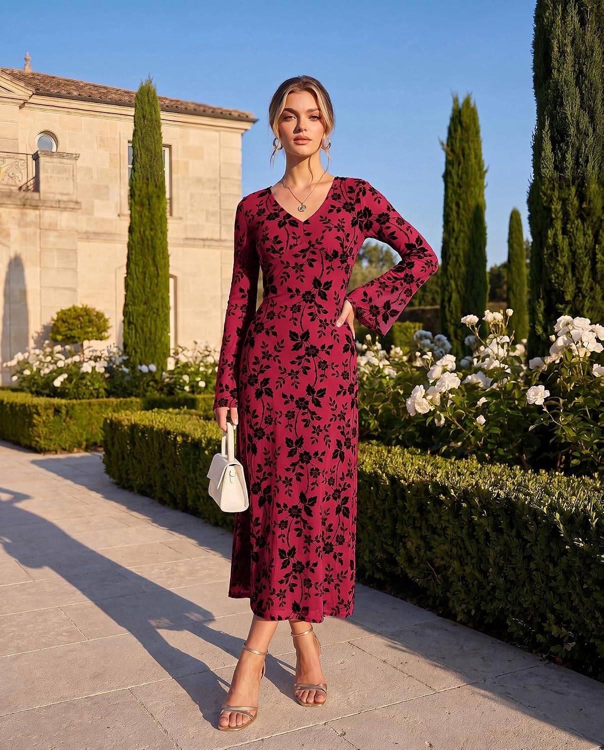 image:imageGRACE KARIN Womens Floral Long Sleeve Maxi Dresses Wedding Guest DressBright Red