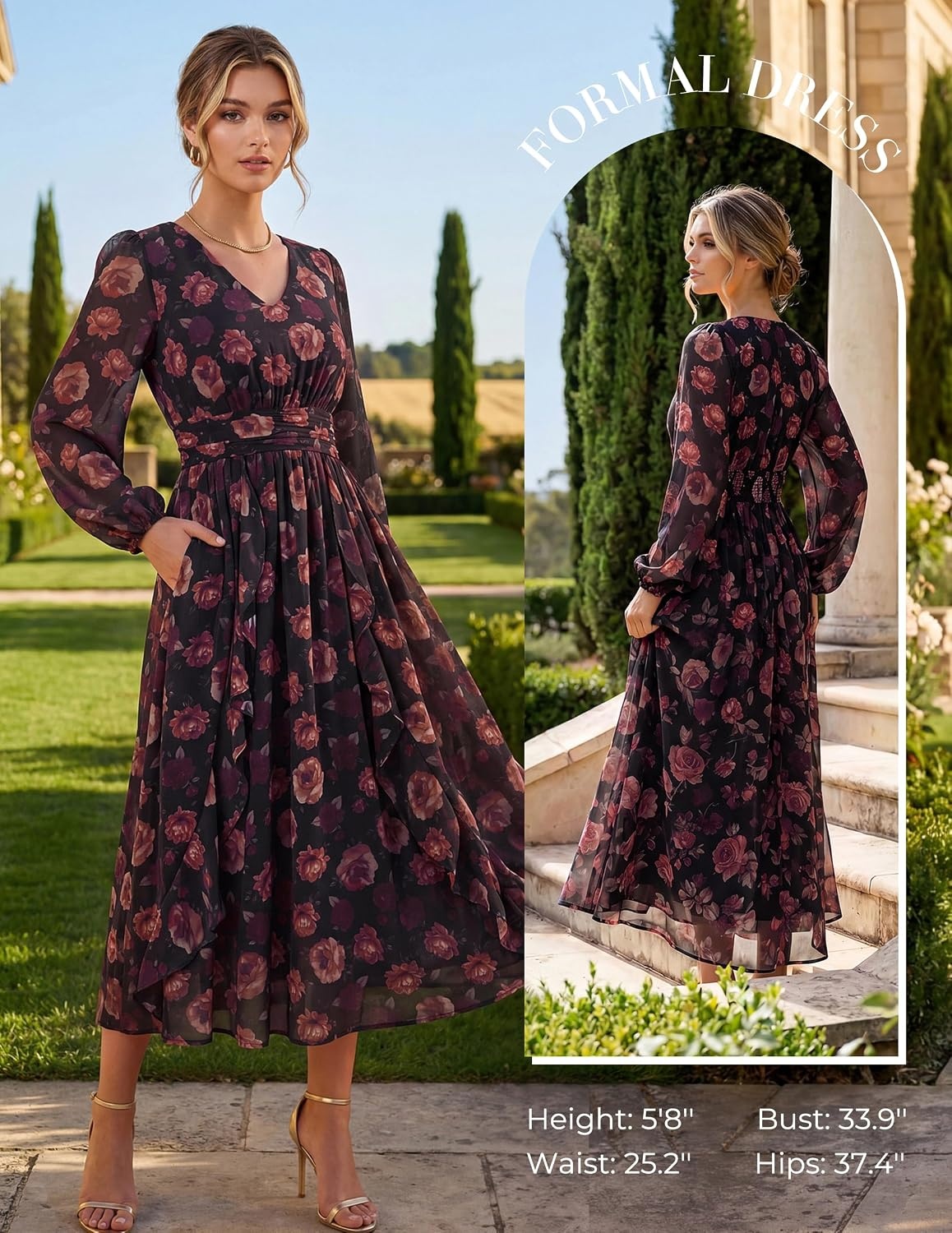 image:imageGRACE KARIN Womens Floral Long Sleeve Wedding Guest DressBlack Floral