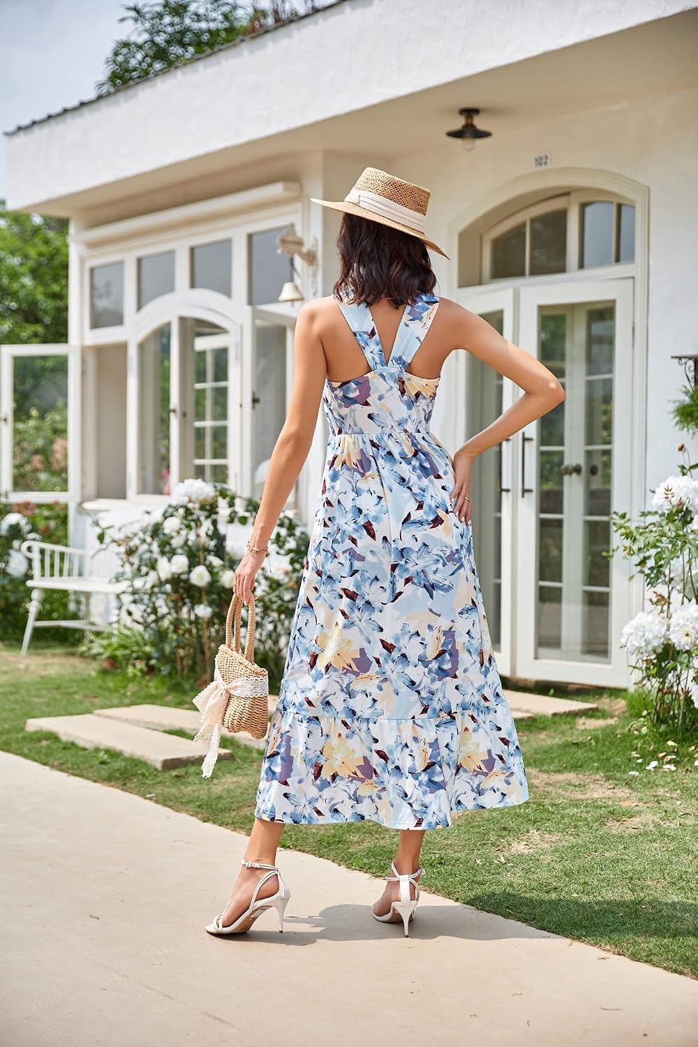 image:imageGRACE KARIN Womens Summer Floral Halter Boho Maxi DressesFloral White Blue