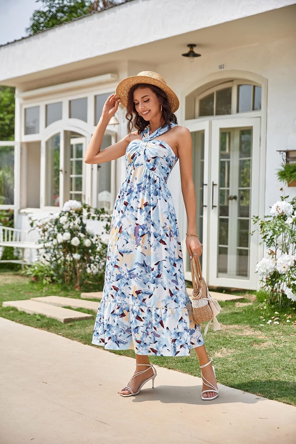 image:imageGRACE KARIN Womens Summer Floral Halter Boho Maxi DressesFloral White Blue
