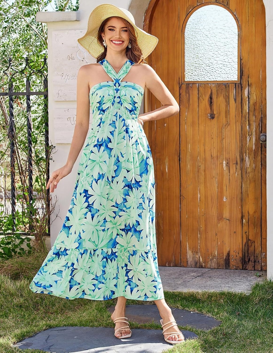 image:imageGRACE KARIN Womens Summer Floral Halter Boho Maxi DressesLime Flowers