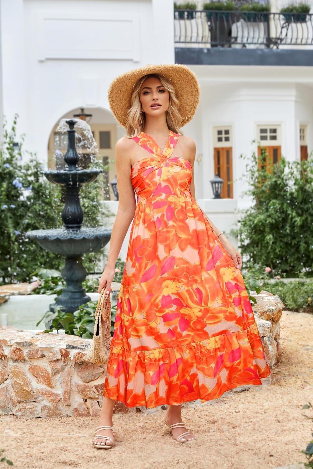 image:imageGRACE KARIN Womens Summer Floral Halter Boho Maxi DressesOrange