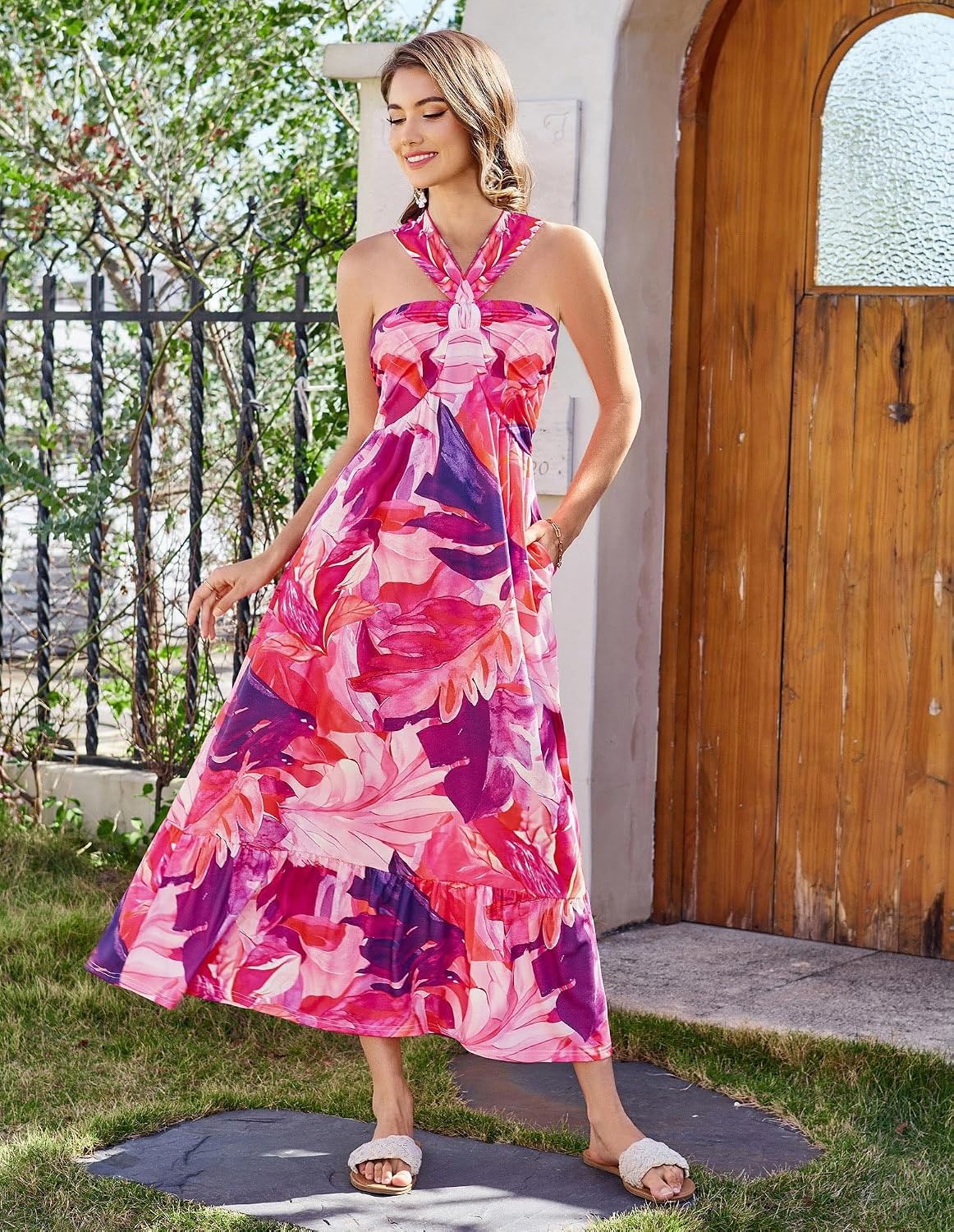 image:imageGRACE KARIN Womens Summer Floral Halter Boho Maxi DressesPink Abstract