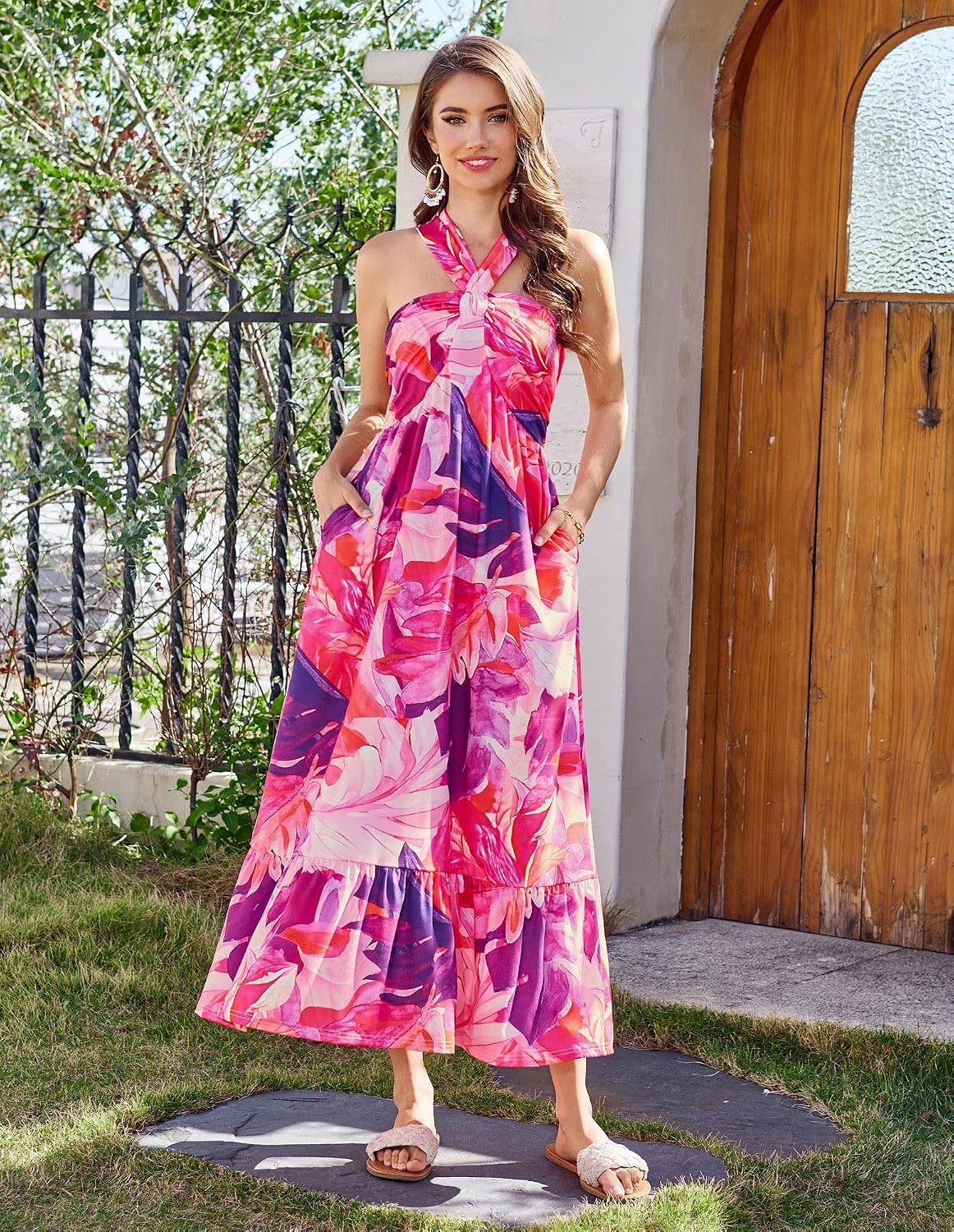 image:imageGRACE KARIN Womens Summer Floral Halter Boho Maxi DressesPink Abstract