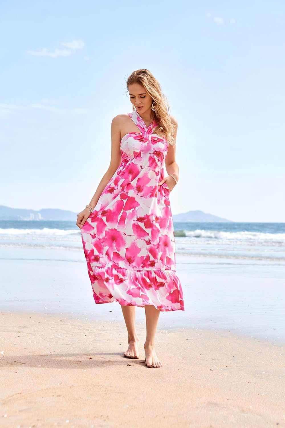 image:imageGRACE KARIN Womens Summer Floral Halter Boho Maxi DressesPink Watercolour
