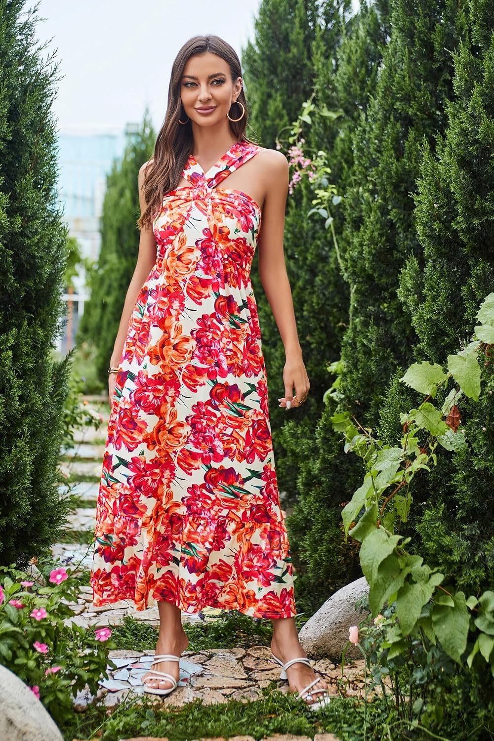 image:imageGRACE KARIN Womens Summer Floral Halter Boho Maxi DressesRose Orange