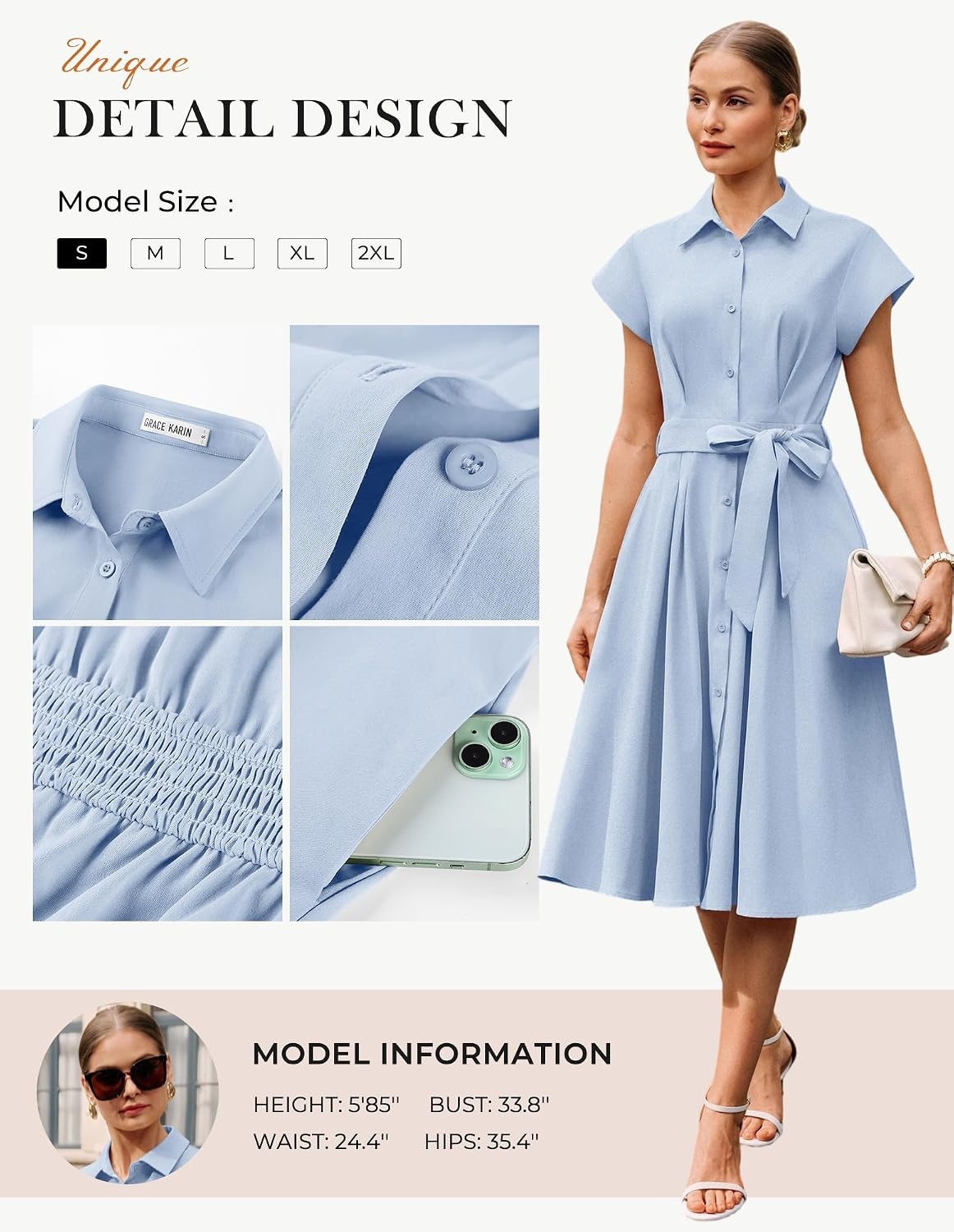 image:imageGRACE KARIN Womens Summer Work Business Casual Midi Shirt DressesBlue
