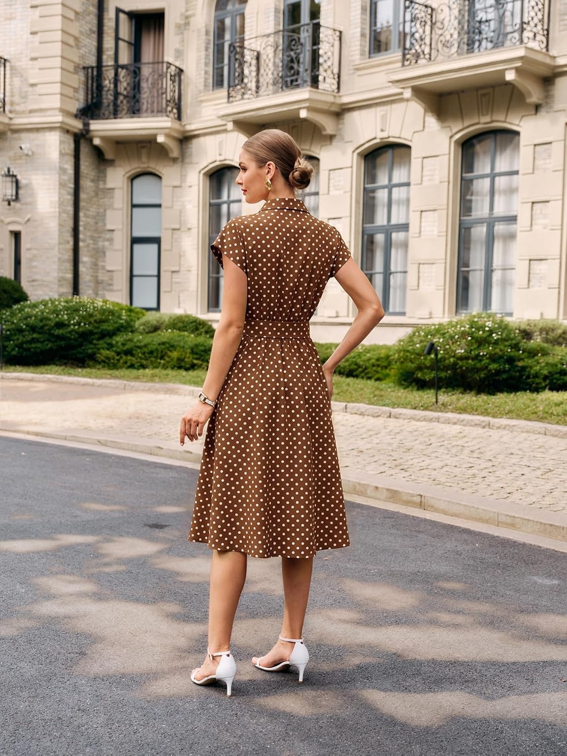 image:imageGRACE KARIN Womens Summer Work Business Casual Midi Shirt DressesBrown White Polka Dots