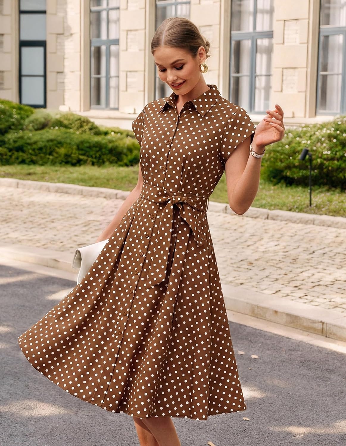 image:imageGRACE KARIN Womens Summer Work Business Casual Midi Shirt DressesBrown White Polka Dots