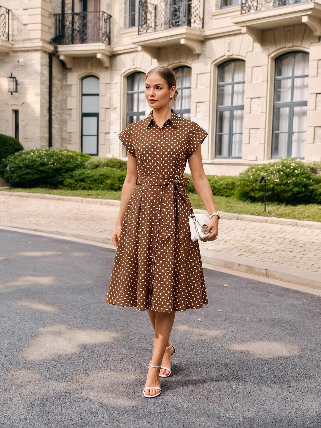 image:imageGRACE KARIN Womens Summer Work Business Casual Midi Shirt DressesBrown White Polka Dots