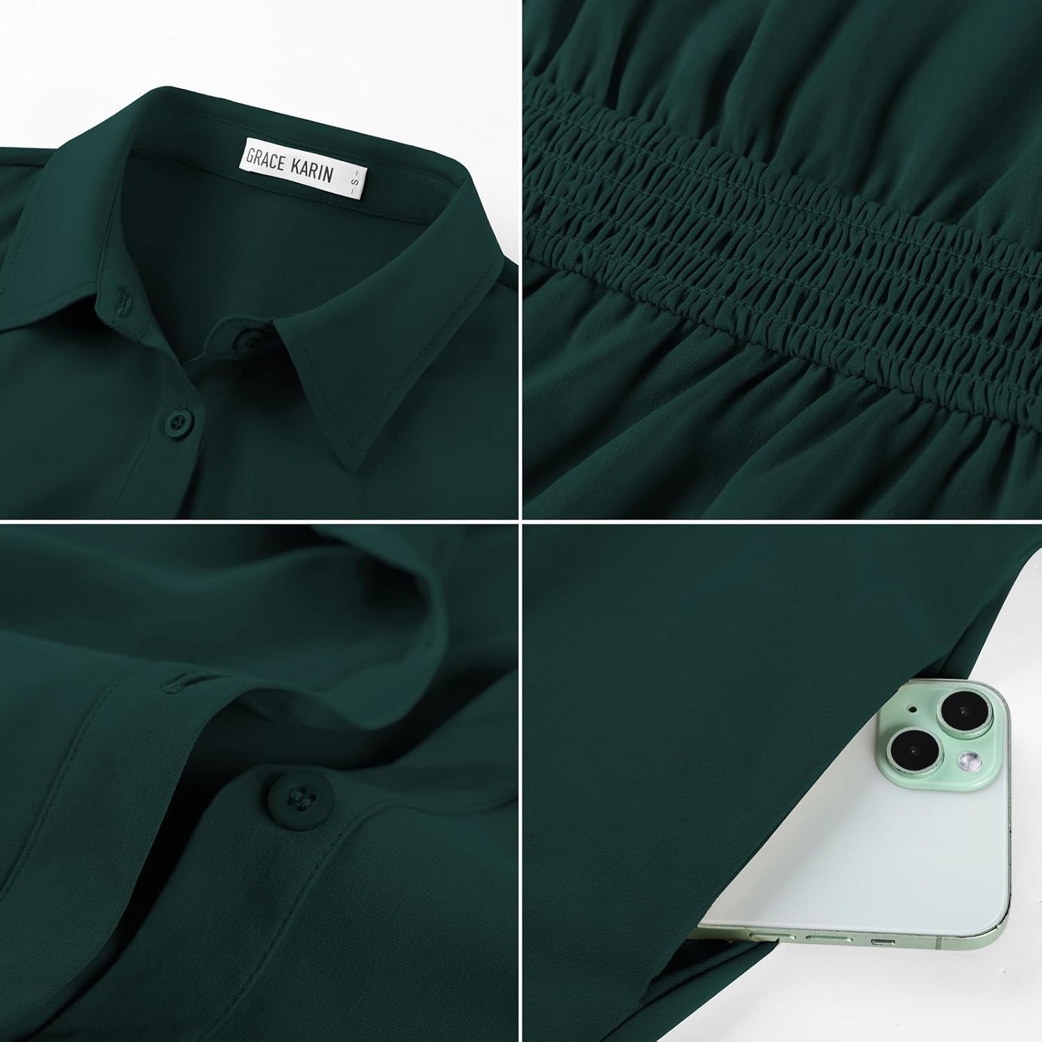 image:imageGRACE KARIN Womens Summer Work Business Casual Midi Shirt DressesDark Green