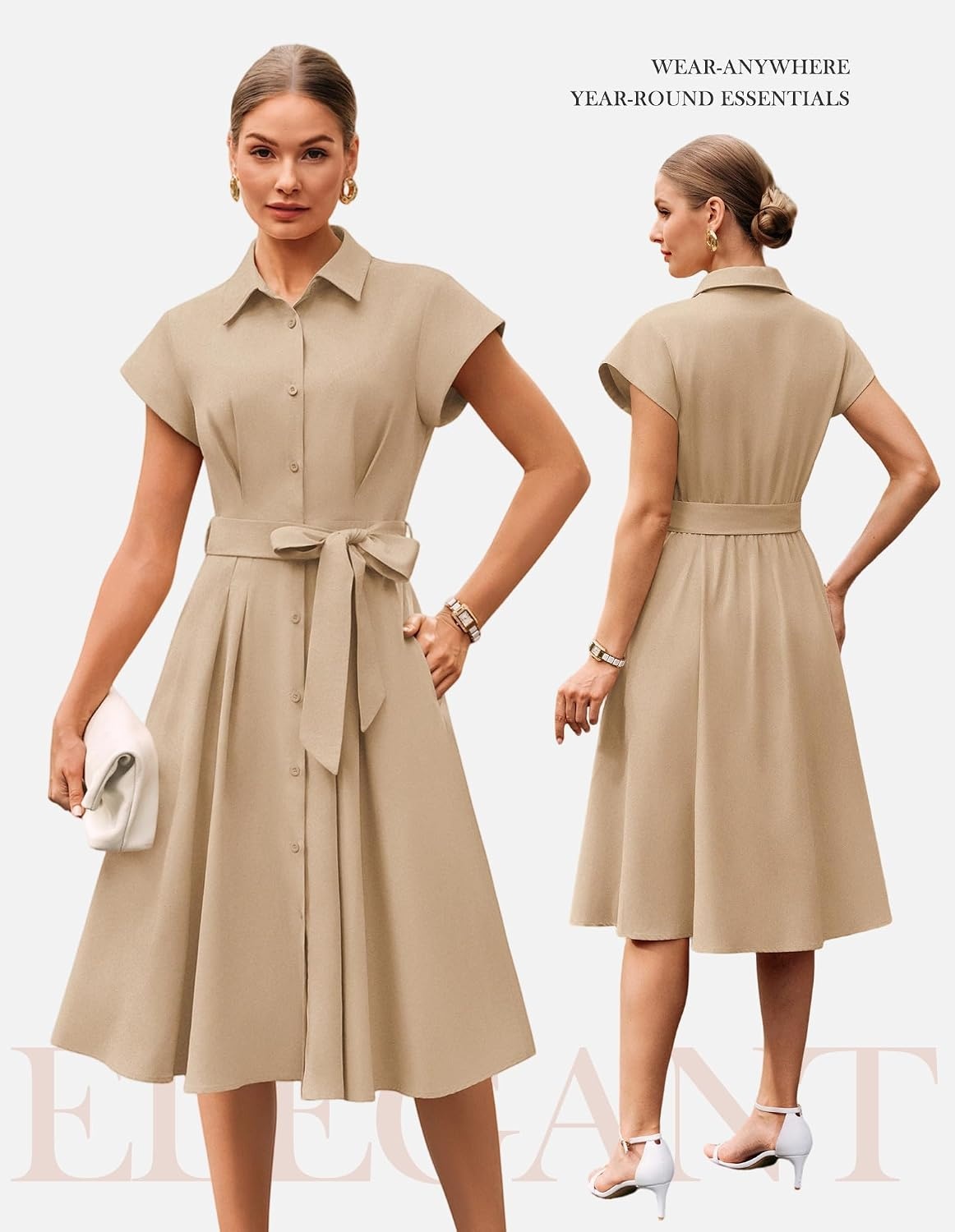 image:imageGRACE KARIN Womens Summer Work Business Casual Midi Shirt DressesLight Khaki