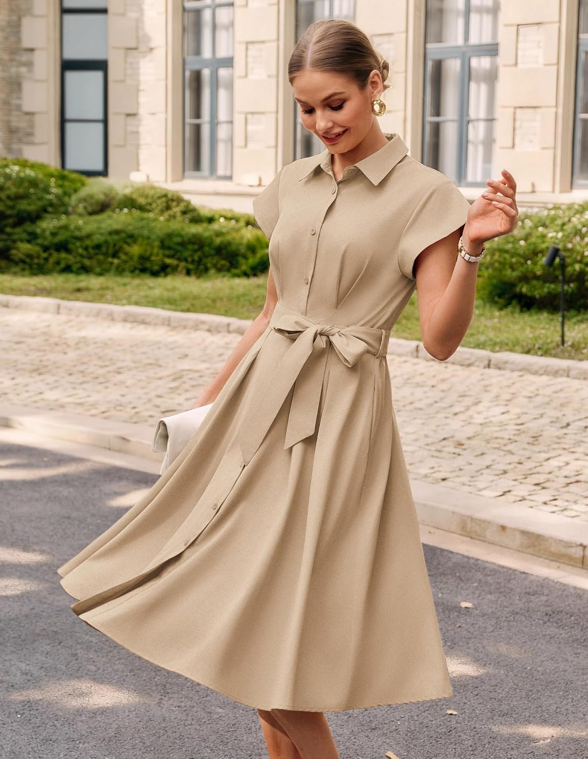 image:imageGRACE KARIN Womens Summer Work Business Casual Midi Shirt DressesLight Khaki