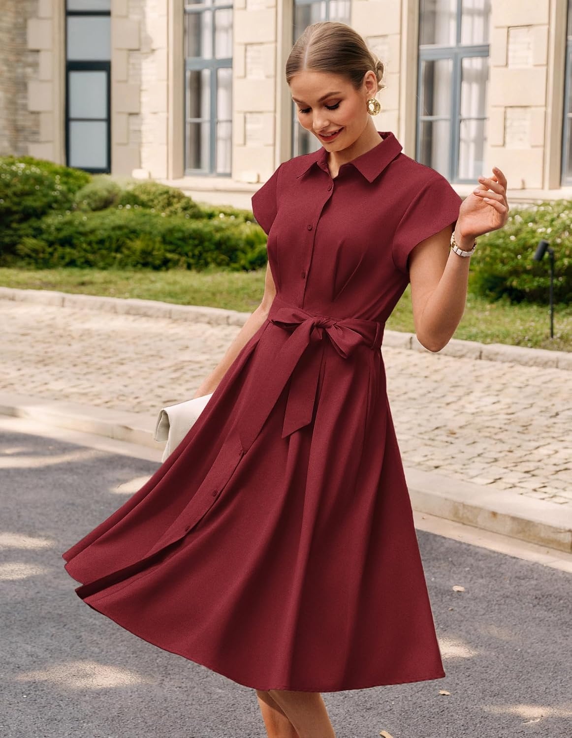 image:imageGRACE KARIN Womens Summer Work Business Casual Midi Shirt DressesWine Red