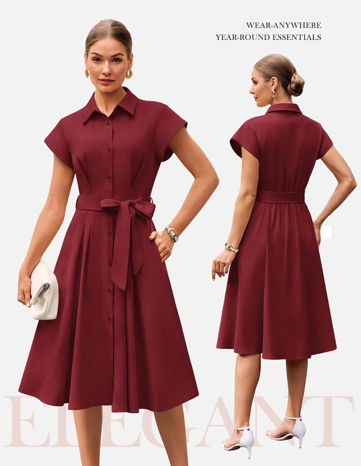 image:imageGRACE KARIN Womens Summer Work Business Casual Midi Shirt DressesWine Red