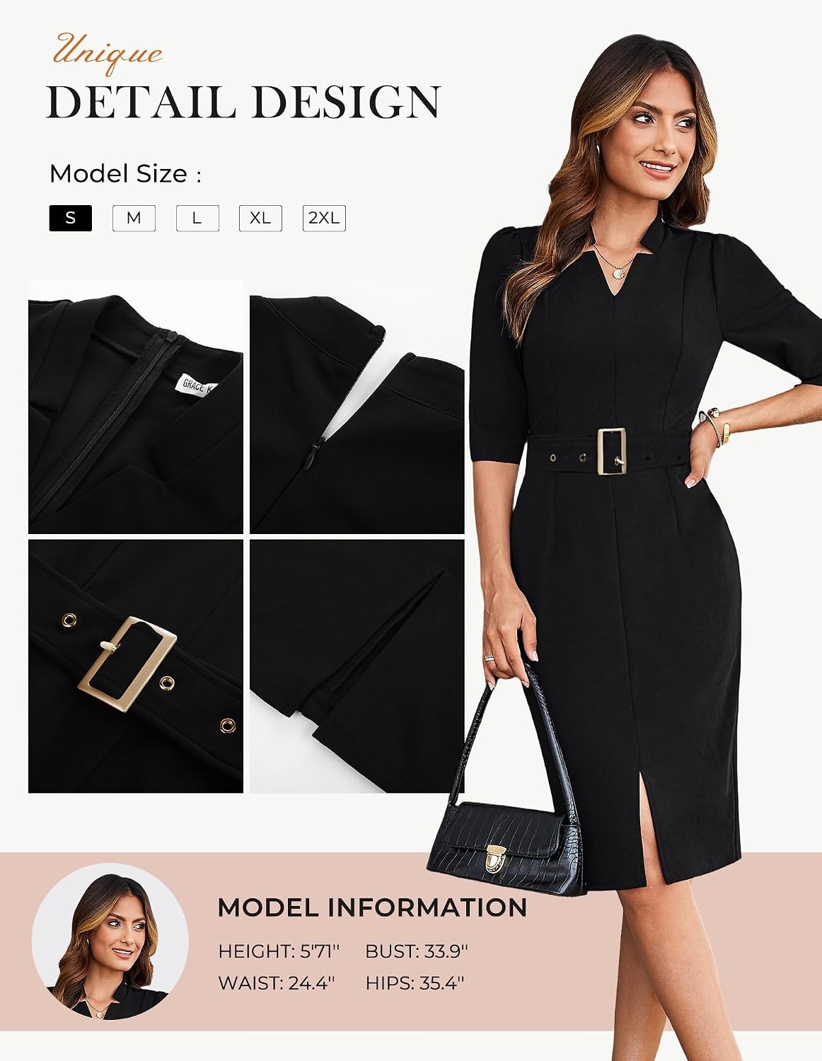 image:imageGRACE KARIN Womens Work Dress 34 Sleeve V Neck Bodycon Dress with BeltBlack