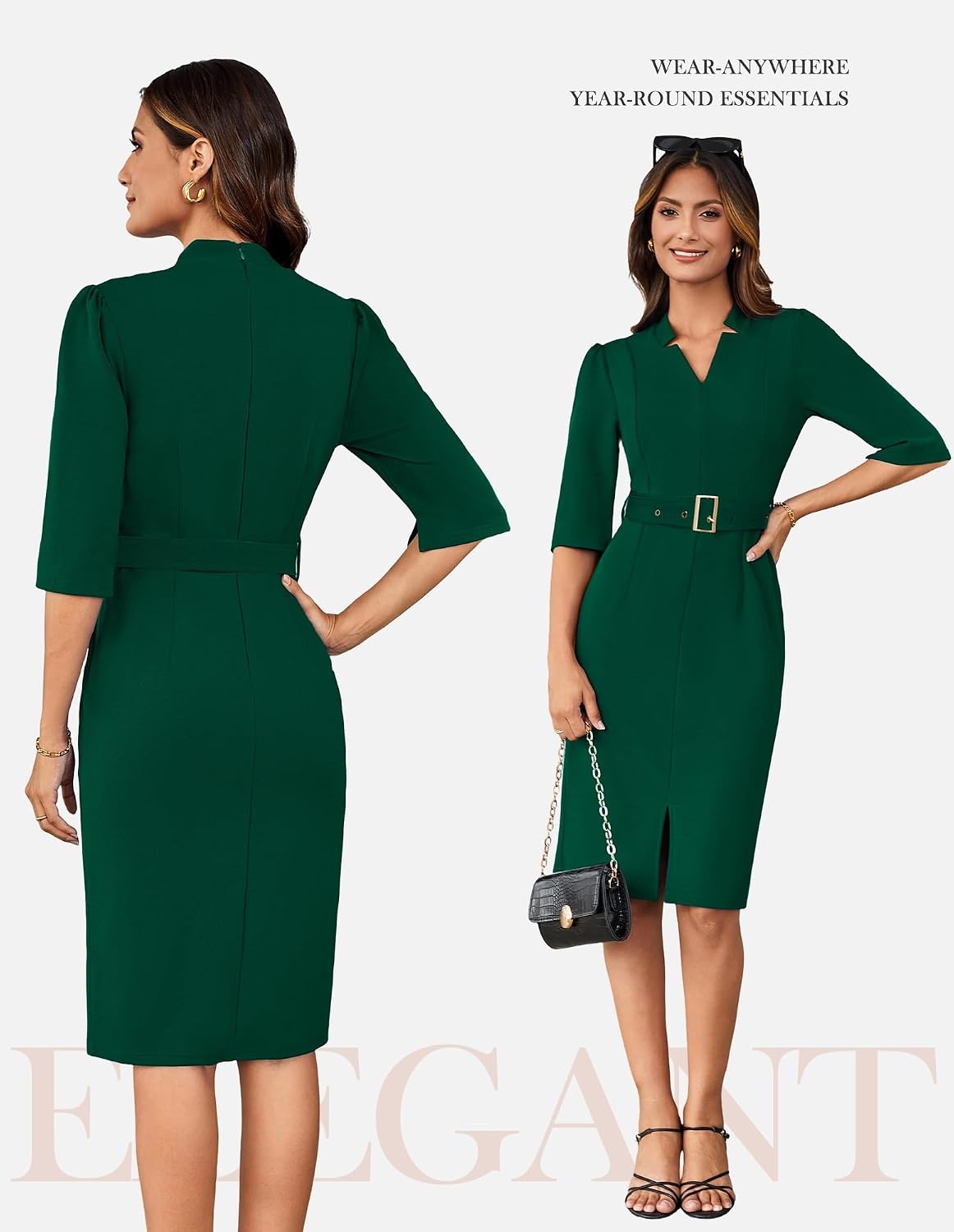 image:imageGRACE KARIN Womens Work Dress 34 Sleeve V Neck Bodycon Dress with BeltDark Green