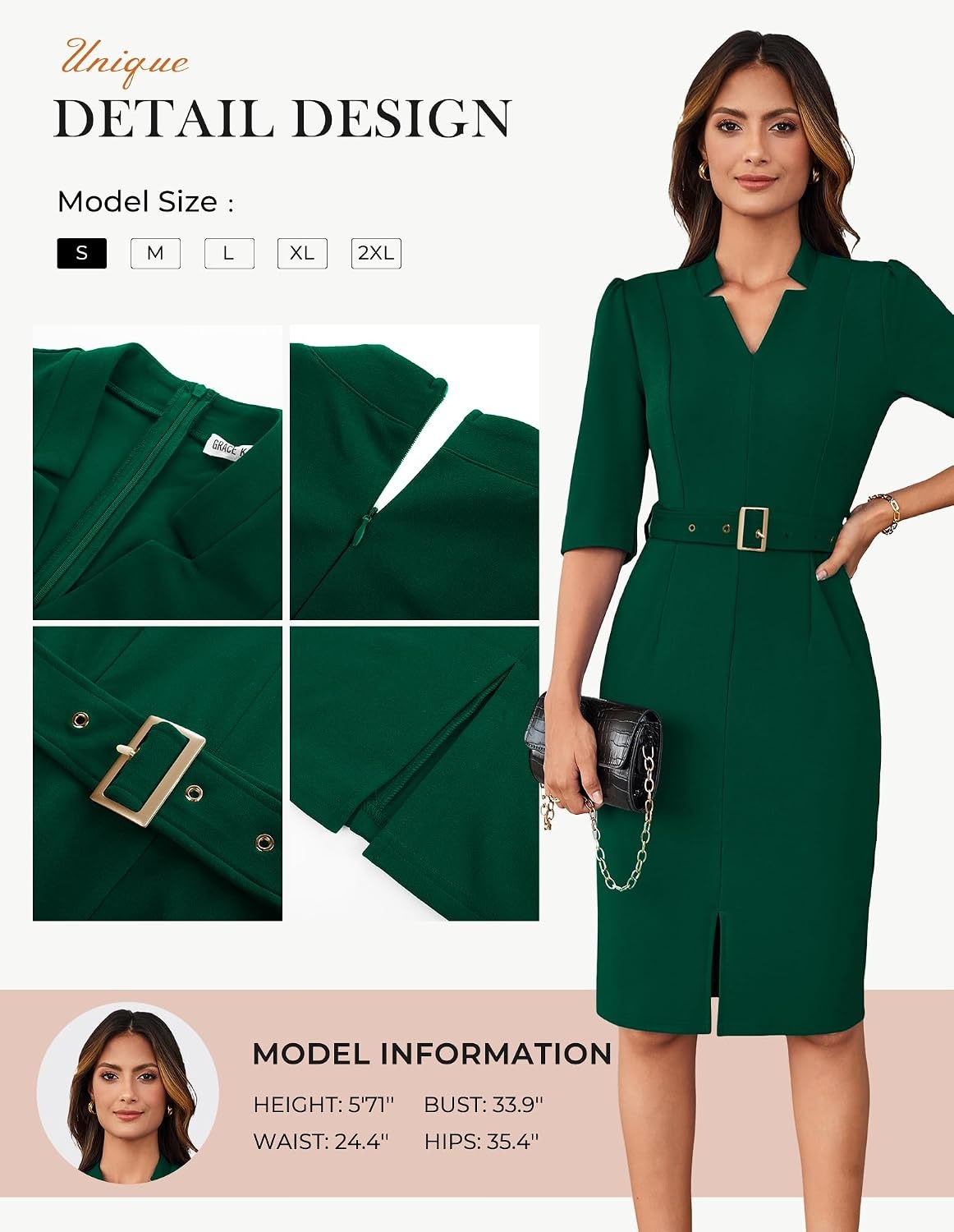 image:imageGRACE KARIN Womens Work Dress 34 Sleeve V Neck Bodycon Dress with BeltDark Green