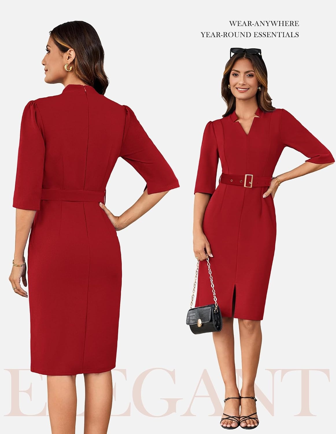 image:imageGRACE KARIN Womens Work Dress 34 Sleeve V Neck Bodycon Dress with BeltDark Red