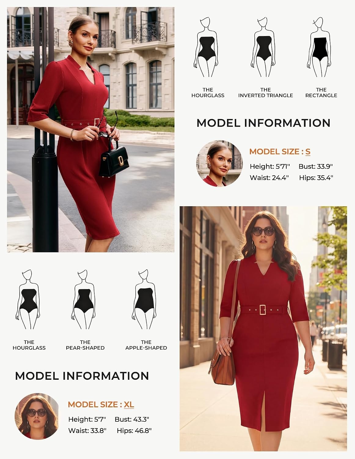 image:imageGRACE KARIN Womens Work Dress 34 Sleeve V Neck Bodycon Dress with BeltDark Red