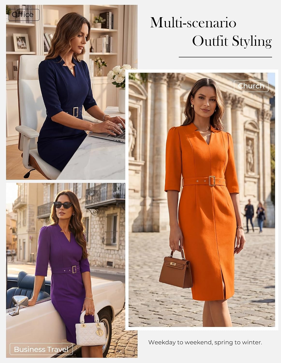 image:imageGRACE KARIN Womens Work Dress 34 Sleeve V Neck Bodycon Dress with BeltDark Red