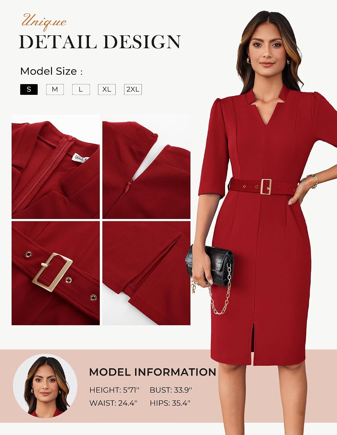 image:imageGRACE KARIN Womens Work Dress 34 Sleeve V Neck Bodycon Dress with BeltDark Red