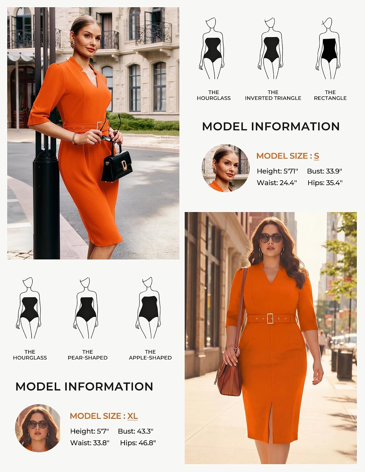 image:imageGRACE KARIN Womens Work Dress 34 Sleeve V Neck Bodycon Dress with BeltOrange