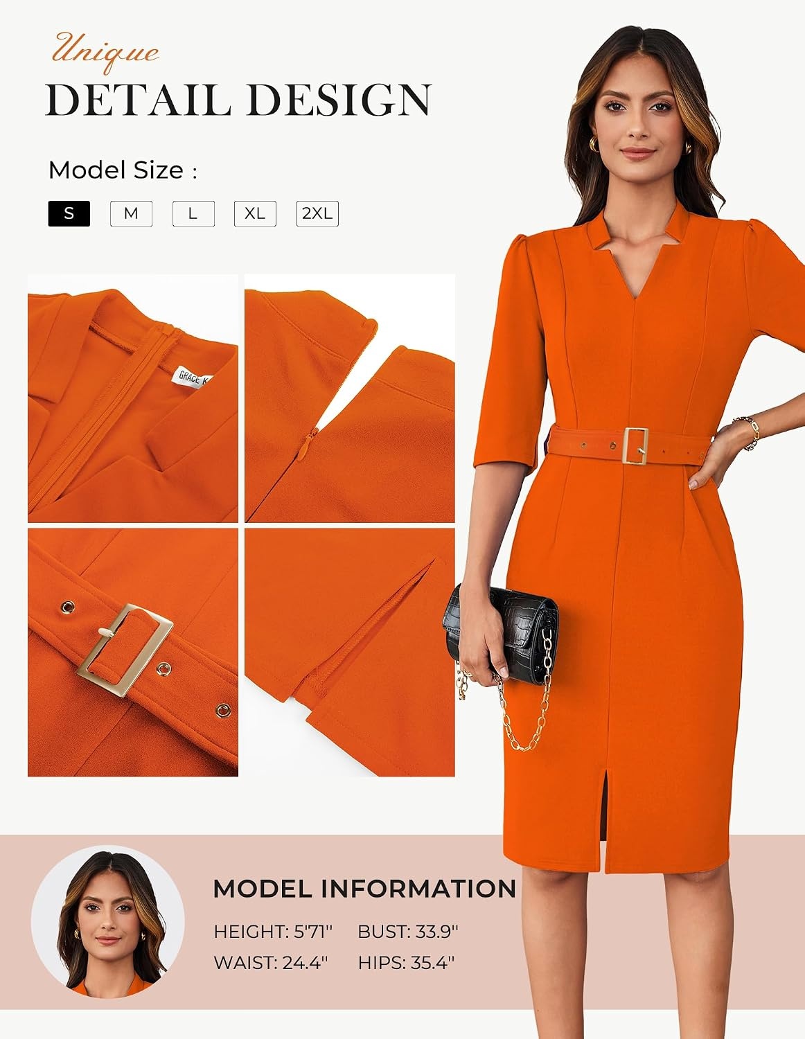 image:imageGRACE KARIN Womens Work Dress 34 Sleeve V Neck Bodycon Dress with BeltOrange