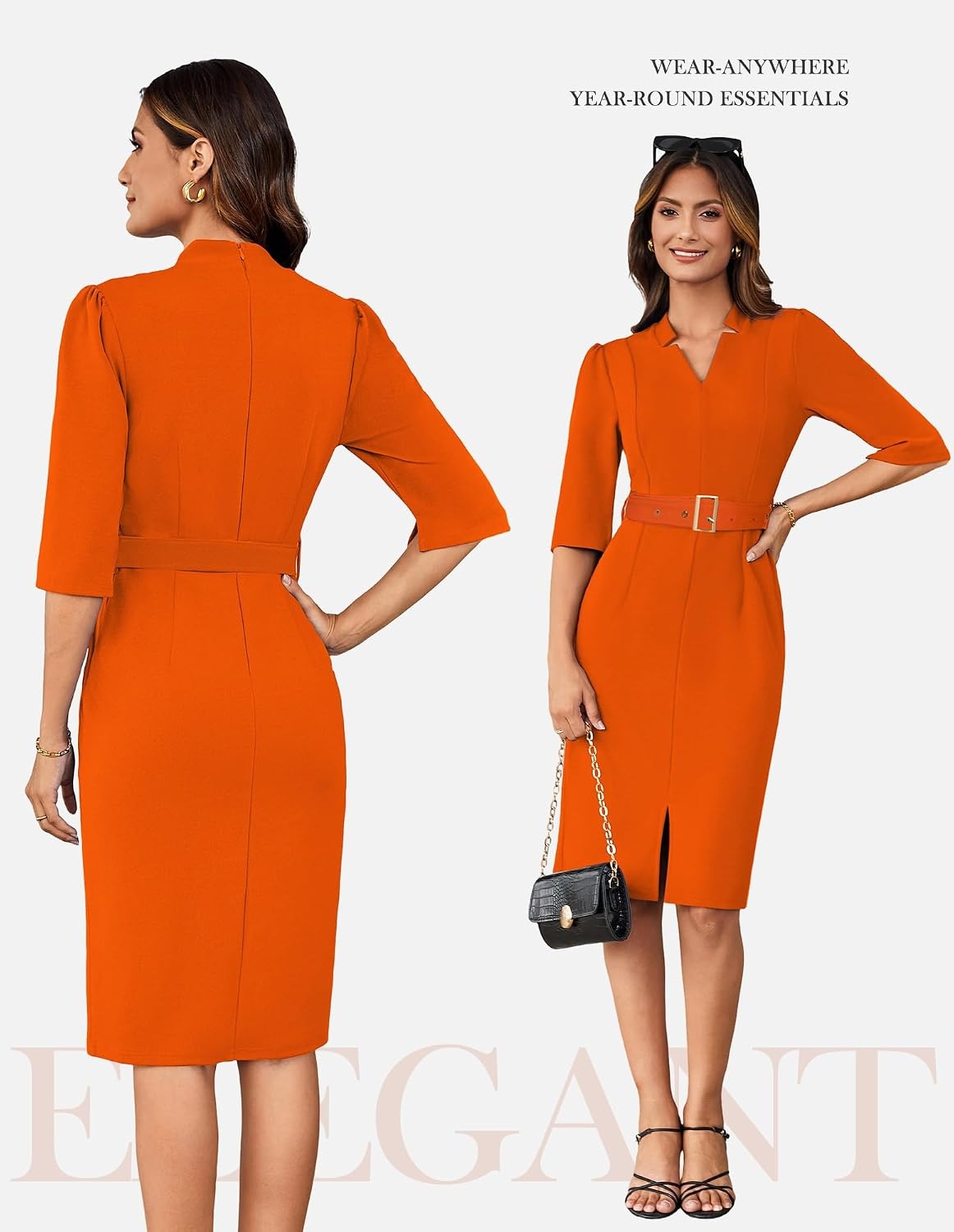 image:imageGRACE KARIN Womens Work Dress 34 Sleeve V Neck Bodycon Dress with BeltOrange