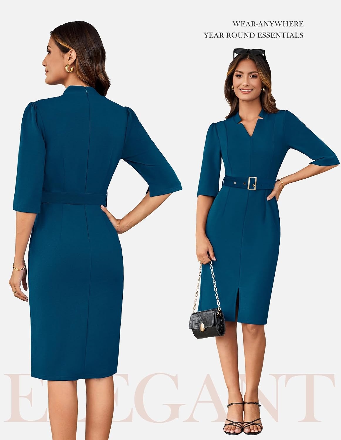 image:imageGRACE KARIN Womens Work Dress 34 Sleeve V Neck Bodycon Dress with BeltPeacock Blue