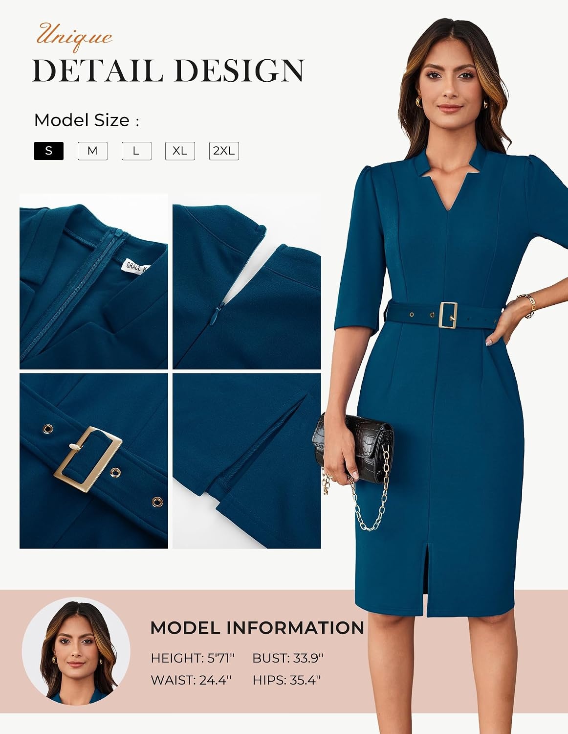 image:imageGRACE KARIN Womens Work Dress 34 Sleeve V Neck Bodycon Dress with BeltPeacock Blue