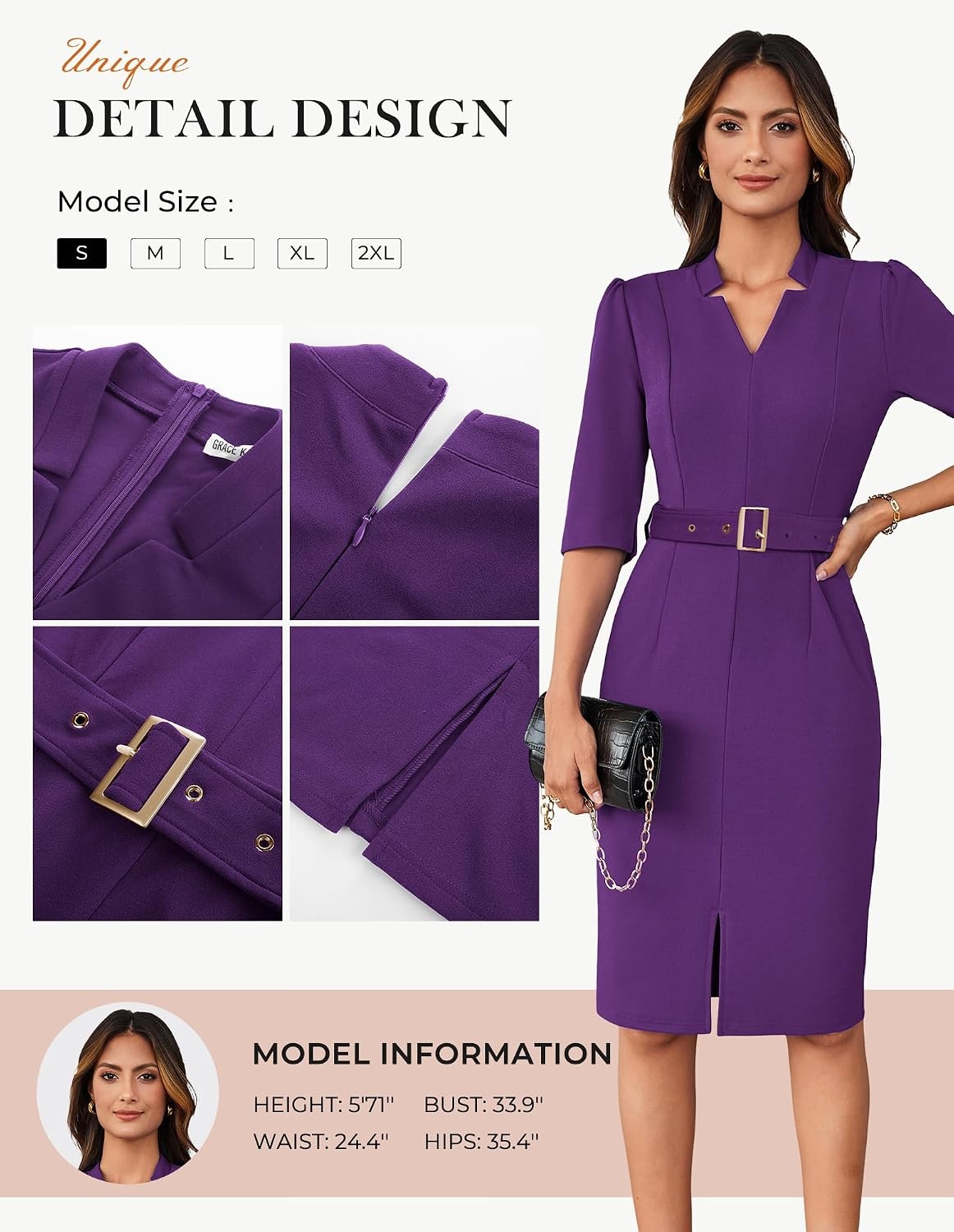 image:imageGRACE KARIN Womens Work Dress 34 Sleeve V Neck Bodycon Dress with BeltPurple