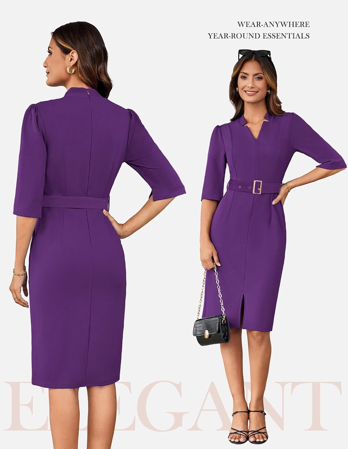 image:imageGRACE KARIN Womens Work Dress 34 Sleeve V Neck Bodycon Dress with BeltPurple