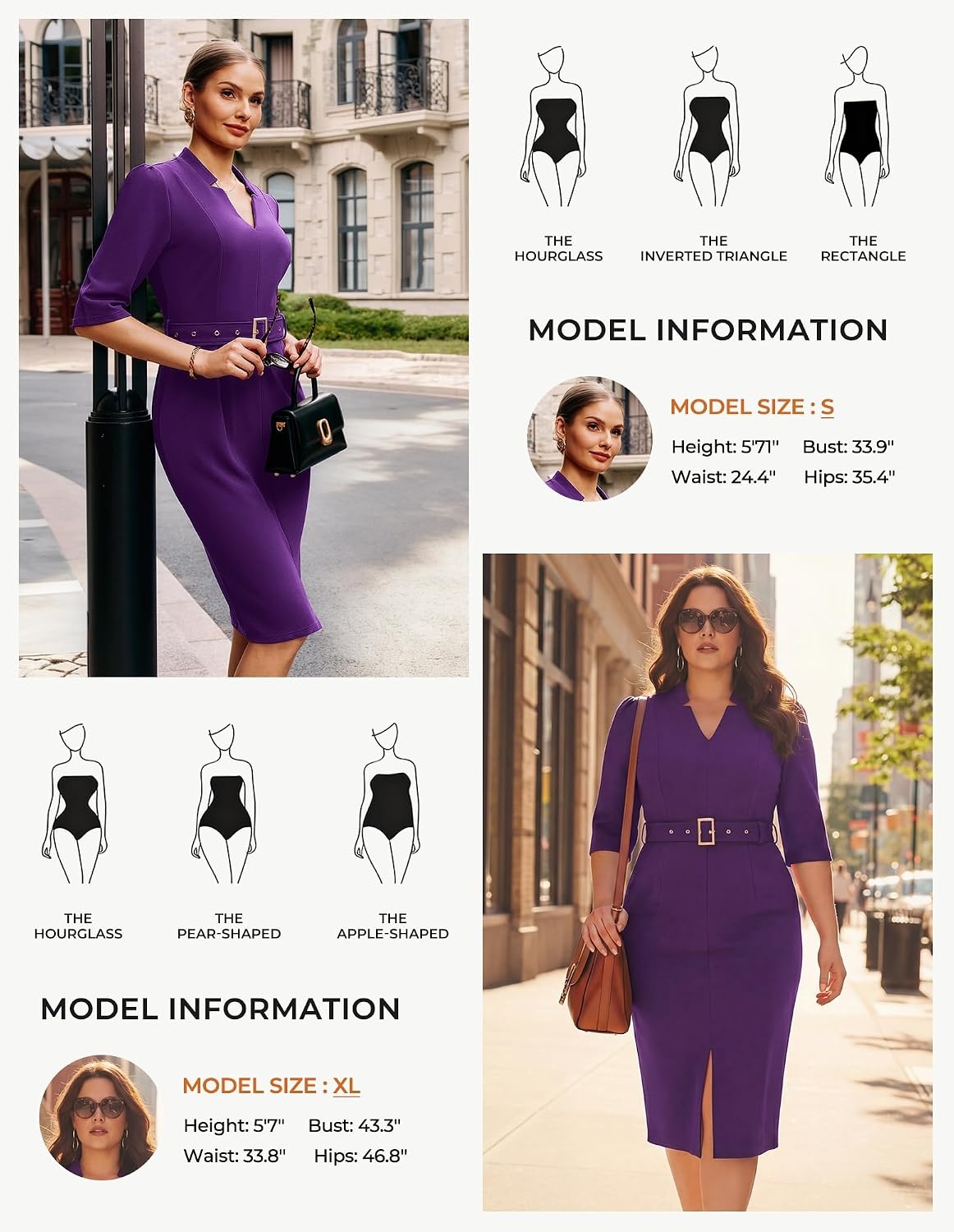 image:imageGRACE KARIN Womens Work Dress 34 Sleeve V Neck Bodycon Dress with BeltPurple